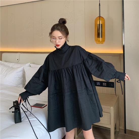 【取寄：納期2週間】ワンピース ビッグシルエット 長袖 シャツワンピース レディース 韓国 ファッション ワイドサイズ バックシャン 黒白 無地 ハイネック フリル襟 ボリューム裾