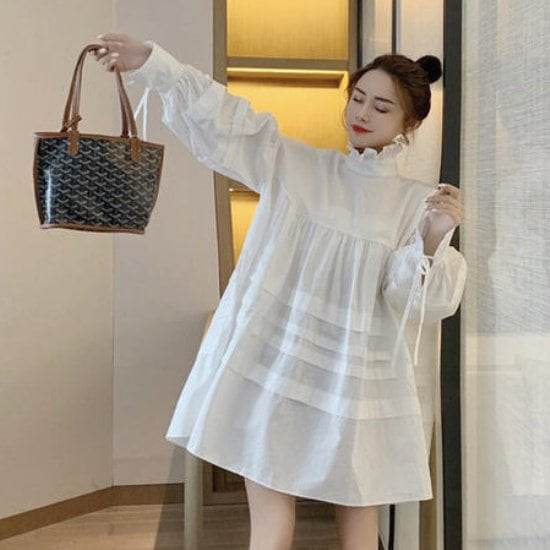 【取寄：納期2週間】ワンピース ビッグシルエット 長袖 シャツワンピース レディース 韓国 ファッション ワイドサイズ バックシャン 黒白 無地 ハイネック フリル襟 ボリューム裾