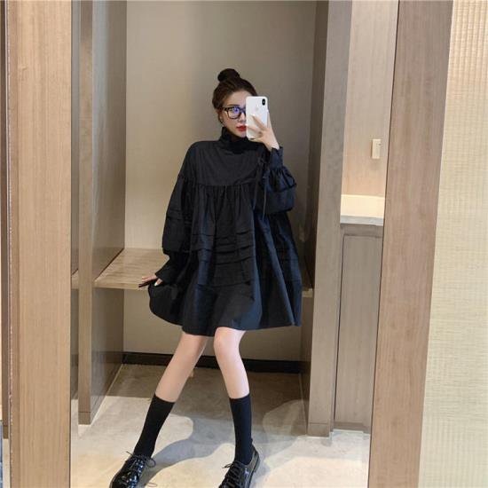 【取寄：納期2週間】ワンピース ビッグシルエット 長袖 シャツワンピース レディース 韓国 ファッション ワイドサイズ バックシャン 黒白 無地 ハイネック フリル襟 ボリューム裾