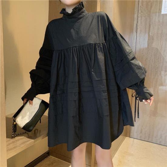 【取寄：納期2週間】ワンピース ビッグシルエット 長袖 シャツワンピース レディース 韓国 ファッション ワイドサイズ バックシャン 黒白 無地 ハイネック フリル襟 ボリューム裾