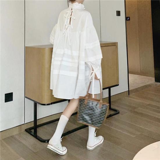 【取寄：納期2週間】ワンピース ビッグシルエット 長袖 シャツワンピース レディース 韓国 ファッション ワイドサイズ バックシャン 黒白 無地 ハイネック フリル襟 ボリューム裾