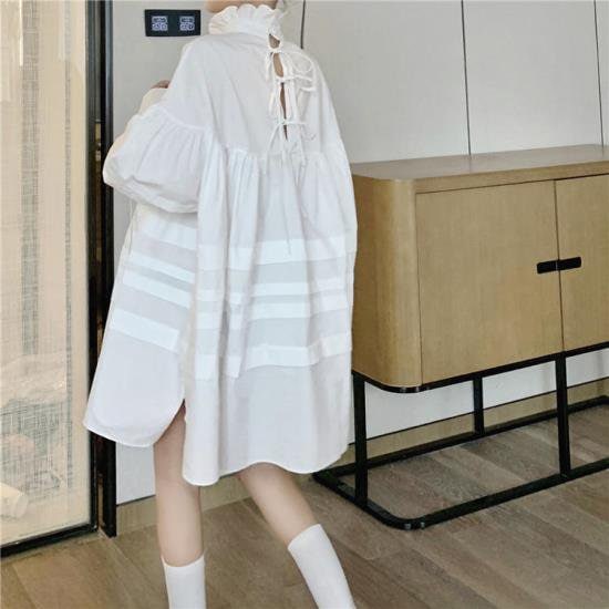 【取寄：納期2週間】ワンピース ビッグシルエット 長袖 シャツワンピース レディース 韓国 ファッション ワイドサイズ バックシャン 黒白 無地 ハイネック フリル襟 ボリューム裾