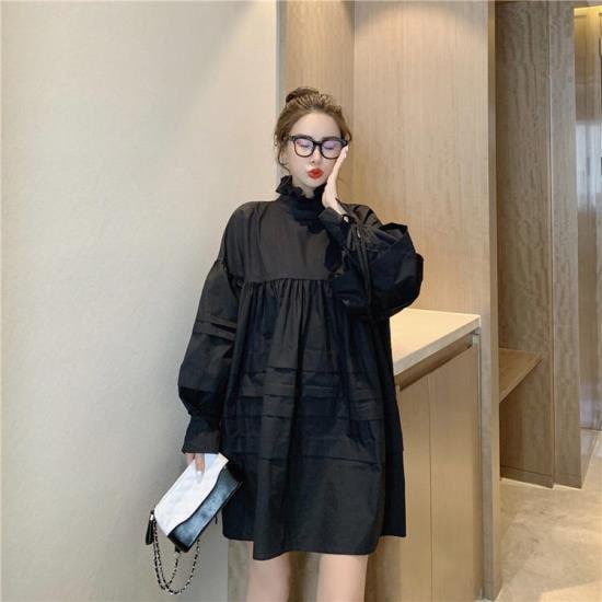 【取寄：納期2週間】ワンピース ビッグシルエット 長袖 シャツワンピース レディース 韓国 ファッション ワイドサイズ バックシャン 黒白 無地 ハイネック フリル襟 ボリューム裾