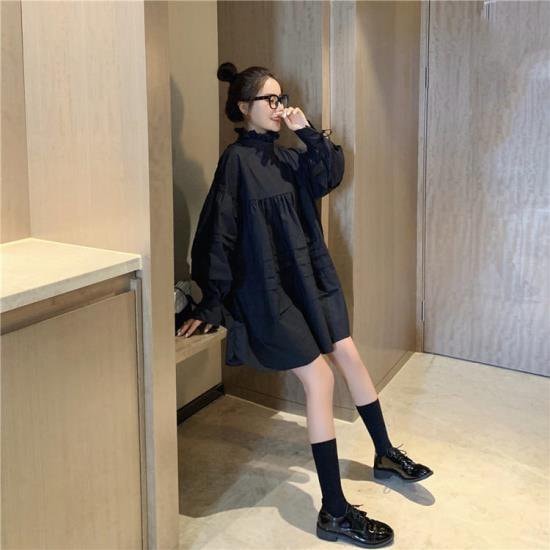 【取寄：納期2週間】ワンピース ビッグシルエット 長袖 シャツワンピース レディース 韓国 ファッション ワイドサイズ バックシャン 黒白 無地 ハイネック フリル襟 ボリューム裾