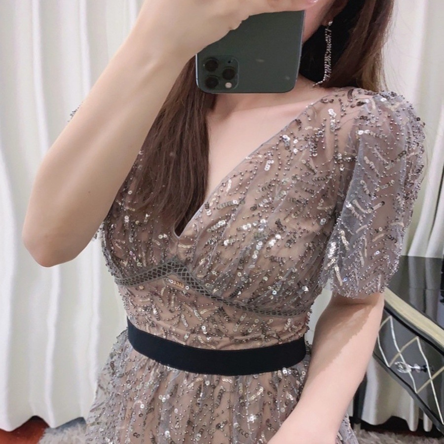 ドレス 衣装 イブニングドレス ロングドレス 半袖 胸元 ウエストマーク シースルー セミフレア スパンコール 刺繡 バックシャン ロング丈 ステージドレス 発表会 かわいい 大人可愛い きれいめ