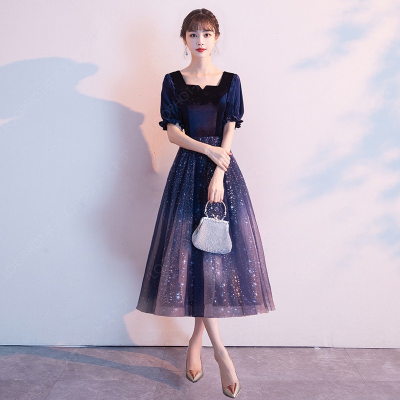 ドレス イブニングドレス ロングドレス スパンコール 星柄 パーティードレス ベロア ベルベット 紺色 ワイン赤 結婚式 成人式 二次会 パフスリーブ-69 ドレス イブニングドレス ロングドレス スパンコール 星柄 パーティードレス ベロア ベルベット 紺色 ワイン赤 結婚式 成人式 二次会 パフスリーブ-69