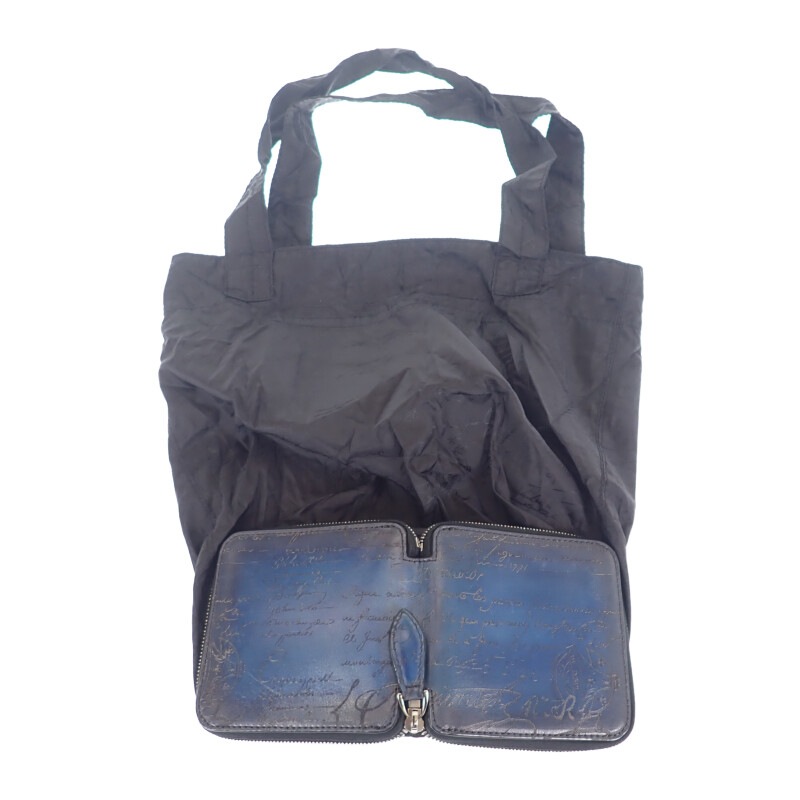 カリグラフィ エコバッグ レザー ナイロン ブルー メンズ【ABランク】