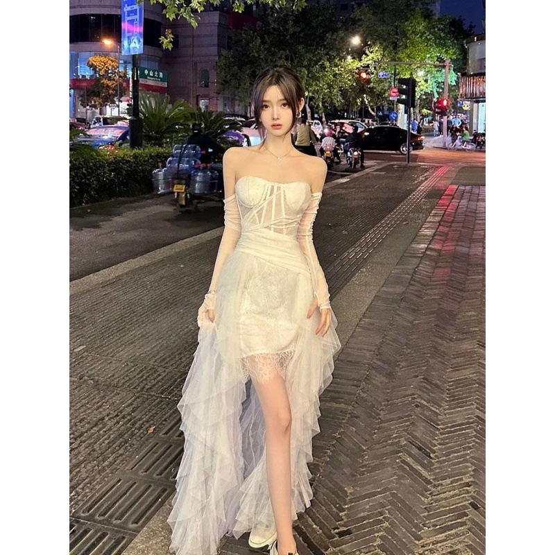 ストラップレスドレスヘビーボーンメッシュレースホワイトテールドレスロングスカートスカート女性夏用 ストラップレスドレスヘビーボーンメッシュレースホワイトテールドレスロングスカートスカート女性夏用
