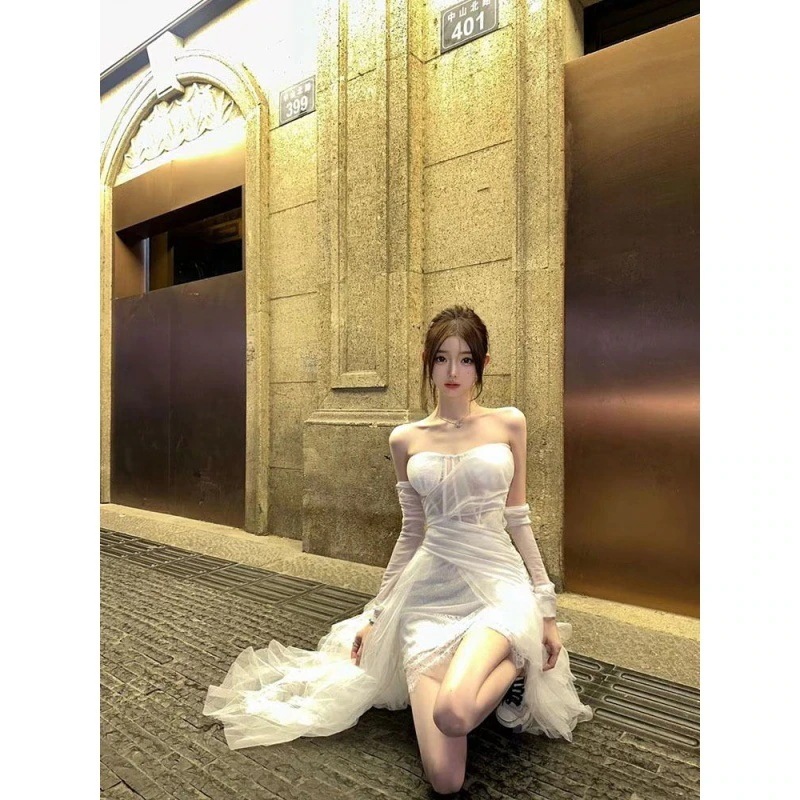 ストラップレスドレスヘビーボーンメッシュレースホワイトテールドレスロングスカートスカート女性夏用 ストラップレスドレスヘビーボーンメッシュレースホワイトテールドレスロングスカートスカート女性夏用