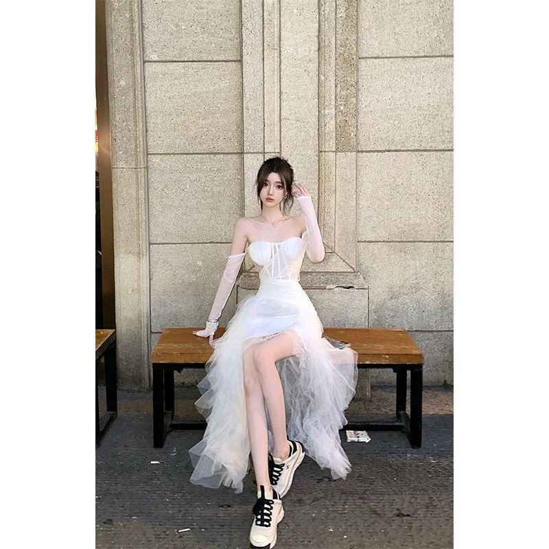 ストラップレスドレスヘビーボーンメッシュレースホワイトテールドレスロングスカートスカート女性夏用 ストラップレスドレスヘビーボーンメッシュレースホワイトテールドレスロングスカートスカート女性夏用