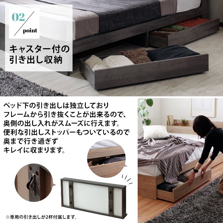 ダブルベッド ブラックマットレス付き 引き出し収納 棚・USBコンセント付き ダブルベッド ブラックマットレス付き 引き出し収納 棚・USBコンセント付き