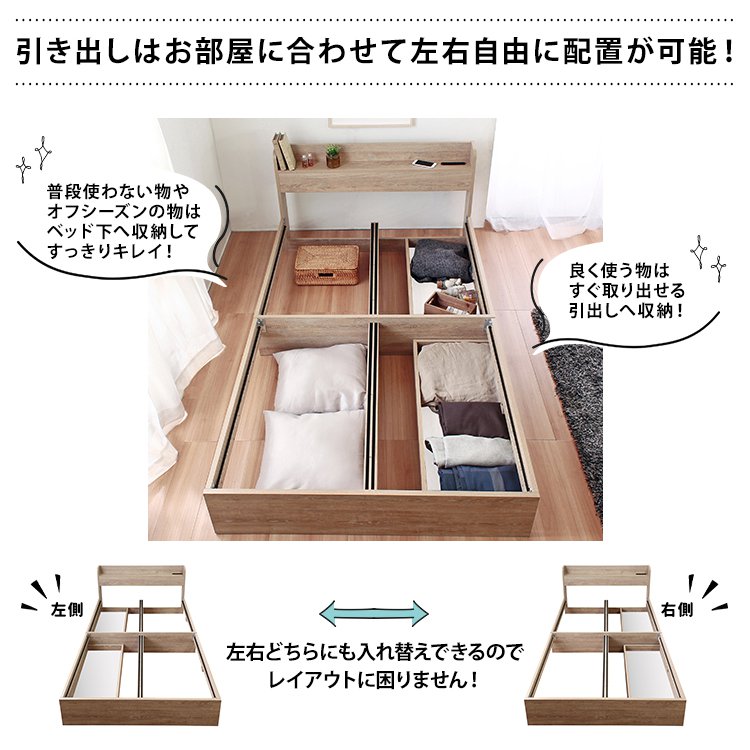 ダブルベッド ブラックマットレス付き 引き出し収納 棚・USBコンセント付き ダブルベッド ブラックマットレス付き 引き出し収納 棚・USBコンセント付き