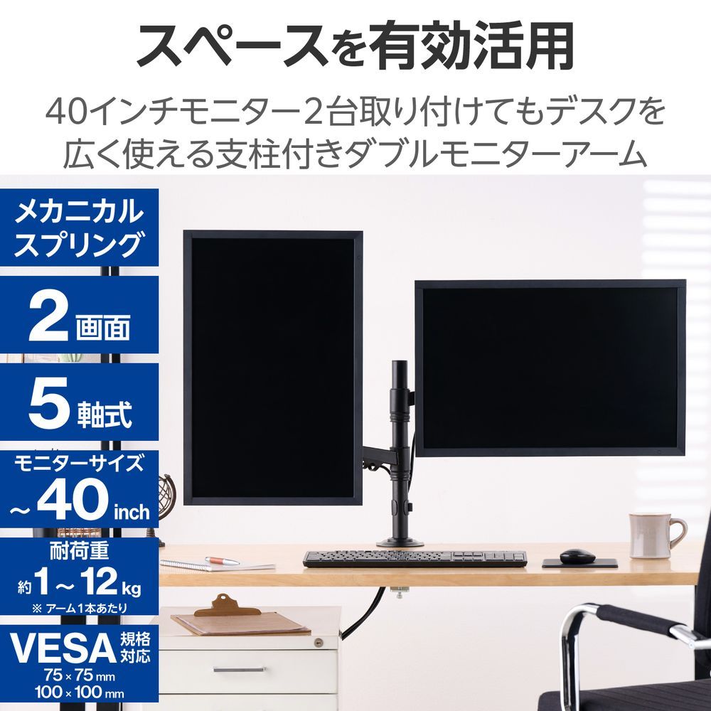 エレコム モニターアーム メカニカルスプリング式 40インチ対応(デュアルアーム2画面/支柱)(ブラック) DPADSP01BK エレコム モニターアーム メカニカルスプリング式 40インチ対応(デュアルアーム2画面/支柱)(ブラック) DPADSP01BK