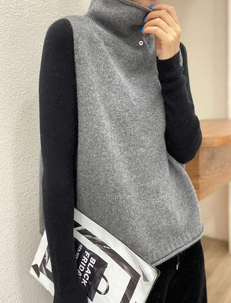 ニットベストレディース秋冬ハイネックニットベストタートルネックトップスノースリーブ大きいサイズリブニットトップスウール混セーター重ね着ニットセーターお洒落アウターカジュアルレイヤードプルオーバーニット