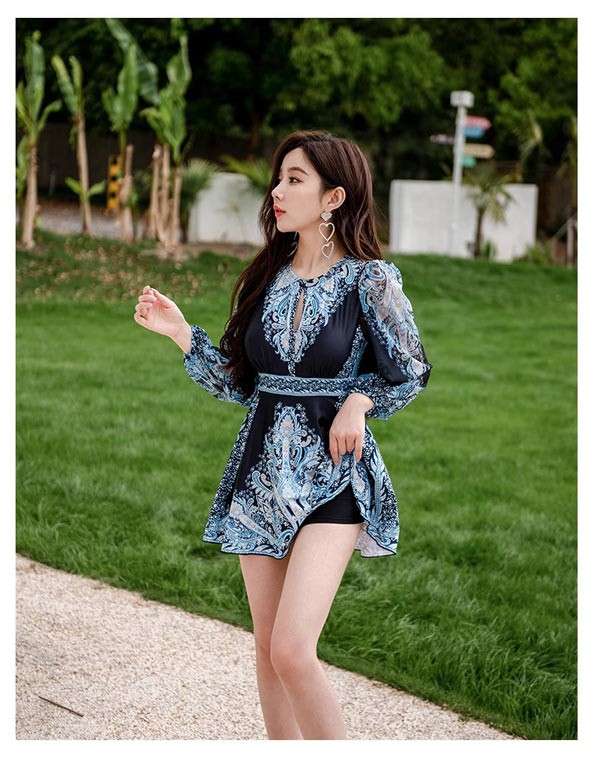 今も人気！ワンピース水着 エスニック 服みたいな 水着 長袖 透け感あり パッド付 レディース ラウンドネック 着痩せ レトロ風 セクシー 写真映え 撮影用 海 夏 サマー プール リゾート かわいい