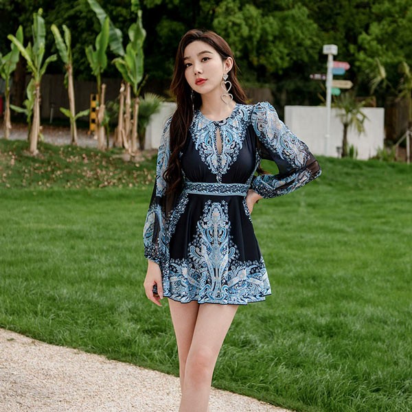 今も人気！ワンピース水着 エスニック 服みたいな 水着 長袖 透け感あり パッド付 レディース ラウンドネック 着痩せ レトロ風 セクシー 写真映え 撮影用 海 夏 サマー プール リゾート かわいい