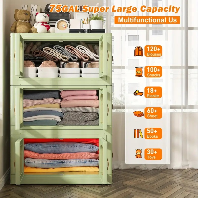 蓋付き特大スタッカブル収納ボックス引き出し付きプラスチックコンテナホームオフィス用折りたたみキャビネットホイールとドア付き大型スタッカブル収納ビン283.91L