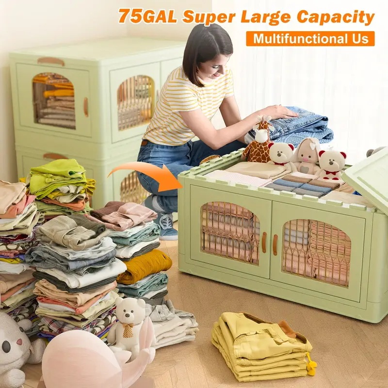 蓋付き特大スタッカブル収納ボックス引き出し付きプラスチックコンテナホームオフィス用折りたたみキャビネットホイールとドア付き大型スタッカブル収納ビン283.91L