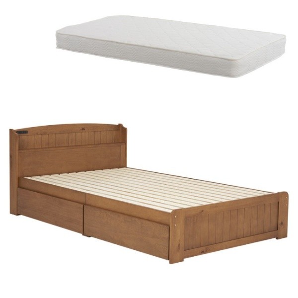 カントリー風 セミダブルベッド ポケットコイルマットレスセット 引出し2杯 宮棚 コンセント すのこベッド 大容量ベッド下収納