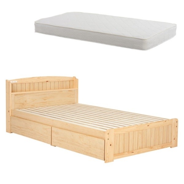 カントリー風 セミダブルベッド ポケットコイルマットレスセット 引出し2杯 宮棚 コンセント すのこベッド 大容量ベッド下収納