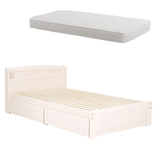 カントリー風 セミダブルベッド ポケットコイルマットレスセット 引出し2杯 宮棚 コンセント すのこベッド 大容量ベッド下収納