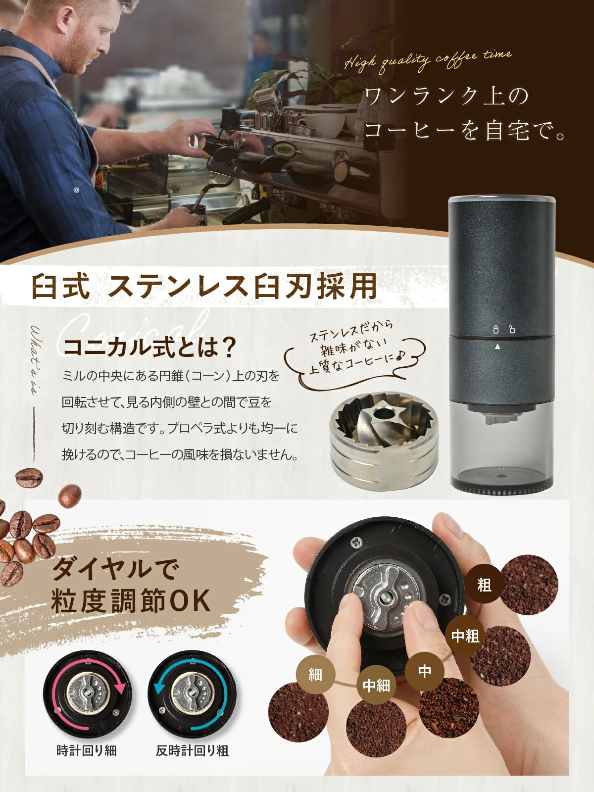 電動コーヒーミル ステンレス 臼式 コニカル式 コードレス 電動 コーヒーミル 電動 コーヒーグラインダー USB 充電式 水洗い可能 コーヒ 電動コーヒーミル ステンレス 臼式 コニカル式 コードレス 電動 コーヒーミル 電動 コーヒーグラインダー USB 充電式 水洗い可能 コーヒ