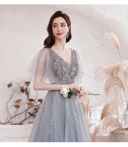 ウェディングドレス二次会ドレスグレー演奏会ドレス（カラードレス）豪華ウェディングドレス星柄Aラインドレスロング丈スレンダードレスキラキラ編み上げ個性派海外ウエディング演奏会/結婚式/披露宴カラードレス