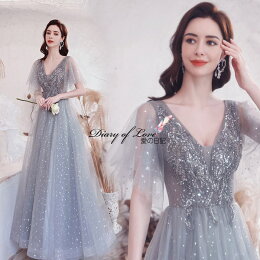 ウェディングドレス二次会ドレスグレー演奏会ドレス（カラードレス）豪華ウェディングドレス星柄Aラインドレスロング丈スレンダードレスキラキラ編み上げ個性派海外ウエディング演奏会/結婚式/披露宴カラードレス