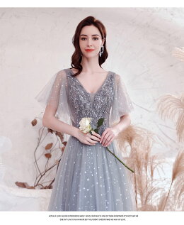 ウェディングドレス二次会ドレスグレー演奏会ドレス（カラードレス）豪華ウェディングドレス星柄Aラインドレスロング丈スレンダードレスキラキラ編み上げ個性派海外ウエディング演奏会/結婚式/披露宴カラードレス