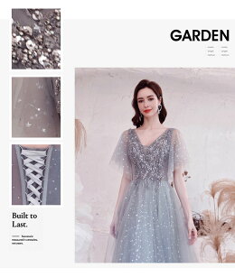 ウェディングドレス二次会ドレスグレー演奏会ドレス（カラードレス）豪華ウェディングドレス星柄Aラインドレスロング丈スレンダードレスキラキラ編み上げ個性派海外ウエディング演奏会/結婚式/披露宴カラードレス