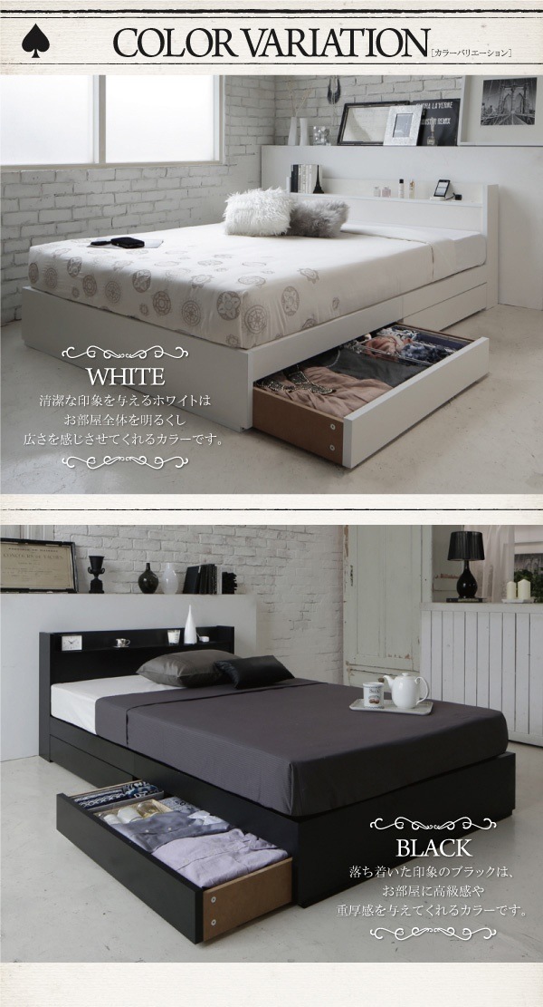 [組立設置付]棚/コンセント付 収納すのこベッド [フォートスペイド] マルチラススーパースプリングマットレス付 セミダブル ブラック