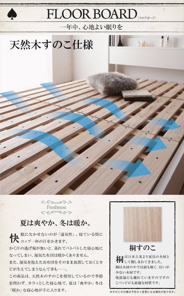 [組立設置付]棚/コンセント付 収納すのこベッド [フォートスペイド] マルチラススーパースプリングマットレス付 セミダブル ブラック