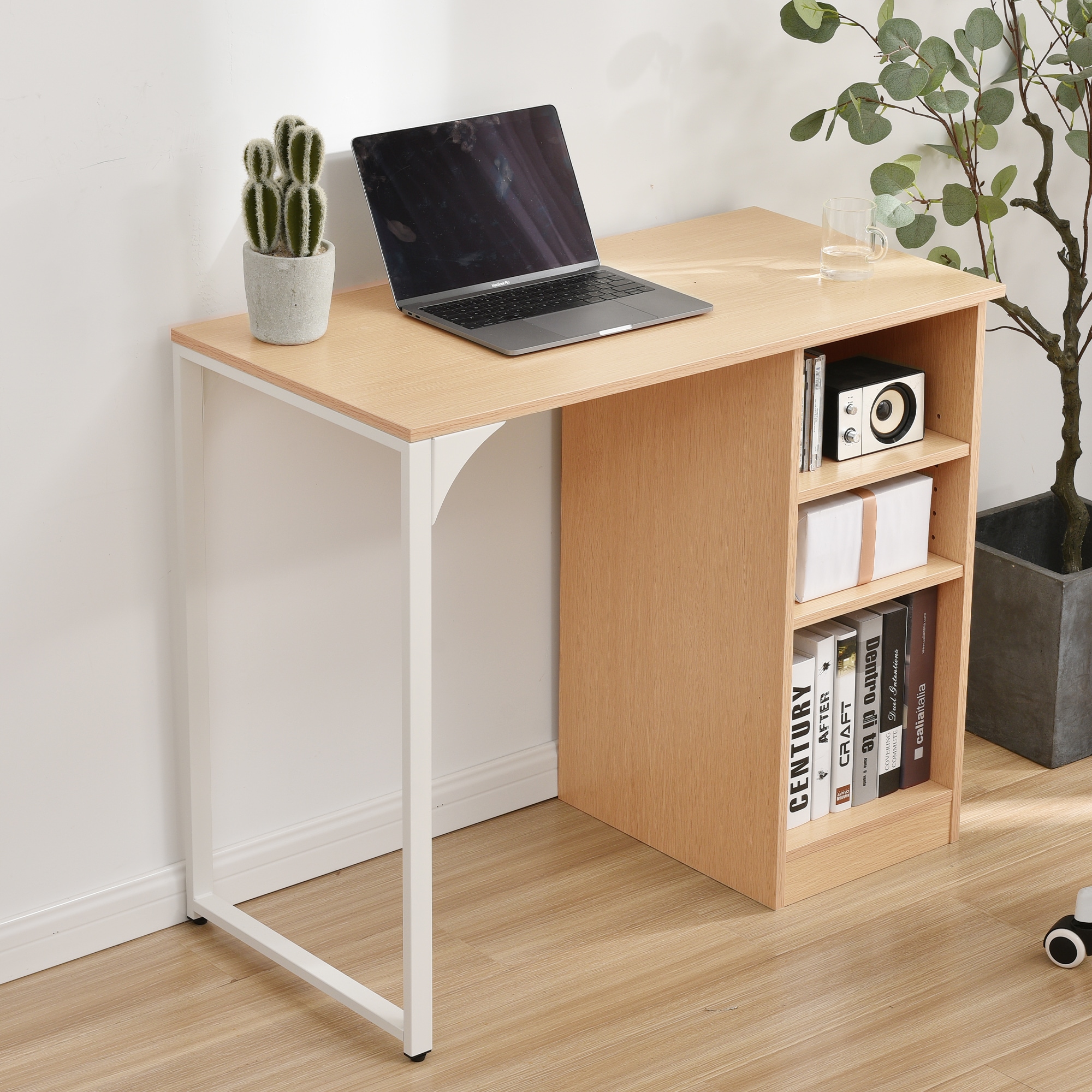 パソコンデスク 3段シェルフ付 オフィスデスクアジャスター付き【ナチュラル】 大好評！最安値挑戦!】パソコンデスク 3段シェルフ付 オフィスデスク