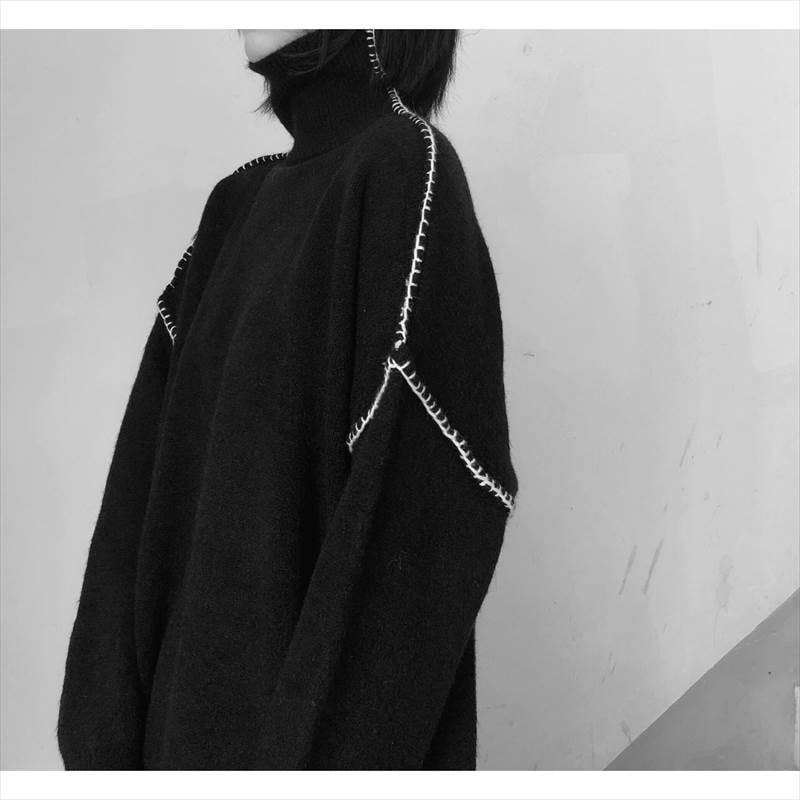 トップス レディース セーター ニット 個性的 ロング丈 袖あり ドロップショルダー 長袖 タートルネック 刺繍 ステッチ 黒 オーバーサイズ 体型カバー シンプル カジュアル おしゃれ かっこいい