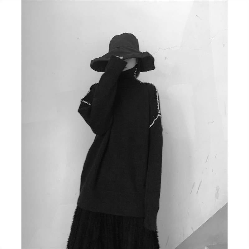 トップス レディース セーター ニット 個性的 ロング丈 袖あり ドロップショルダー 長袖 タートルネック 刺繍 ステッチ 黒 オーバーサイズ 体型カバー シンプル カジュアル おしゃれ かっこいい