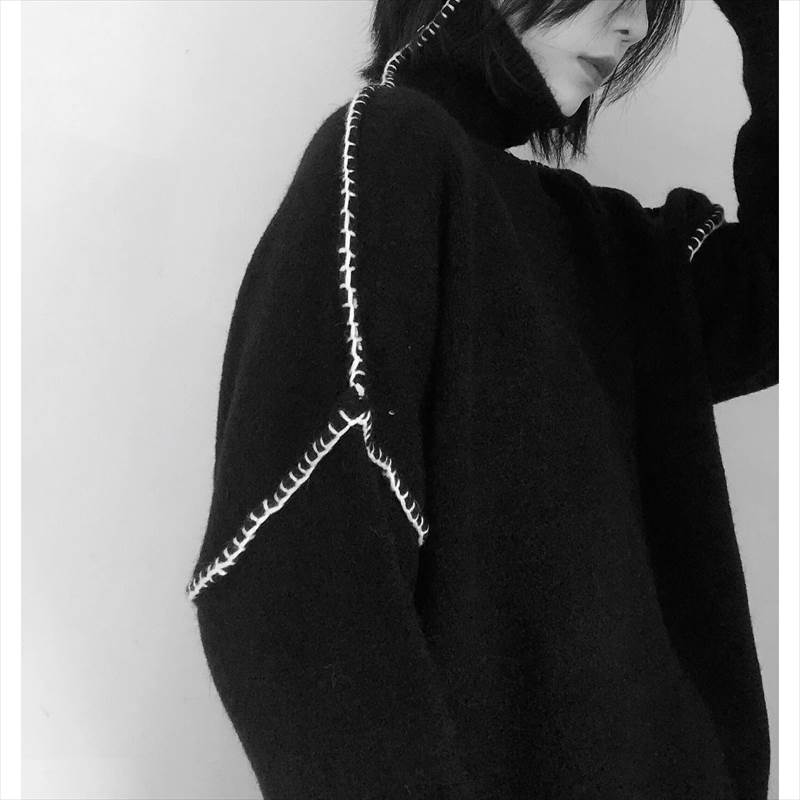 トップス レディース セーター ニット 個性的 ロング丈 袖あり ドロップショルダー 長袖 タートルネック 刺繍 ステッチ 黒 オーバーサイズ 体型カバー シンプル カジュアル おしゃれ かっこいい