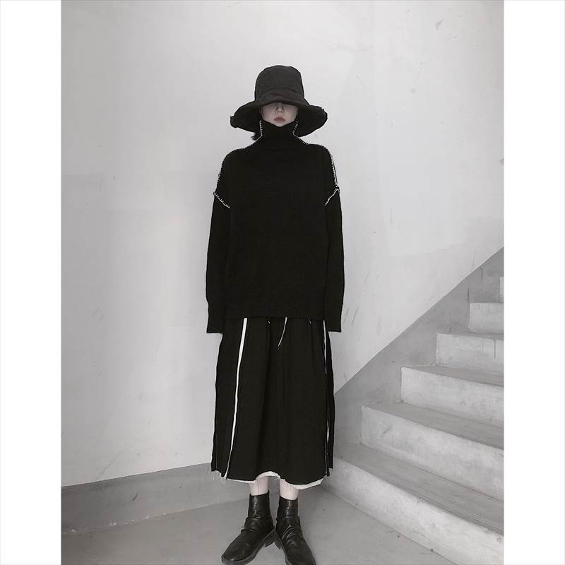トップス レディース セーター ニット 個性的 ロング丈 袖あり ドロップショルダー 長袖 タートルネック 刺繍 ステッチ 黒 オーバーサイズ 体型カバー シンプル カジュアル おしゃれ かっこいい