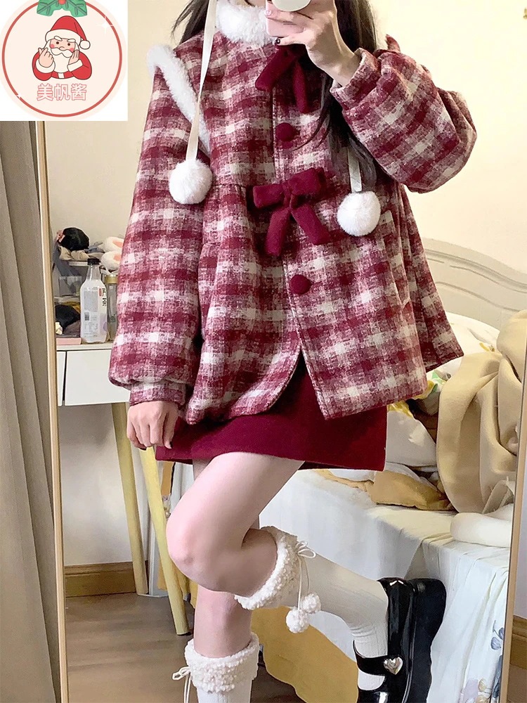 サンタコス レッド クリスマス ショートスカート チェック柄 ツイード ジャケット 冬用 セット ツーピース