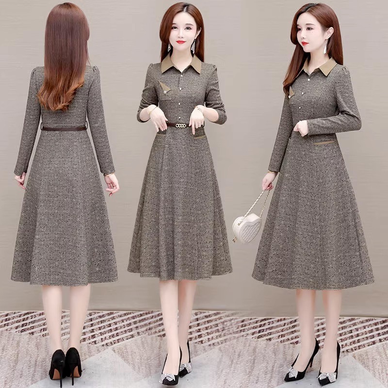 ワンピース フレアワンピース 膝丈 ひざ丈 袖あり 長袖 Vネック 襟付き フレア Aライン ベルト ウエストマーク かわいい 大人可愛い きれいめ おしゃれ お洒落 かっこいい レトロ アジアン 柄