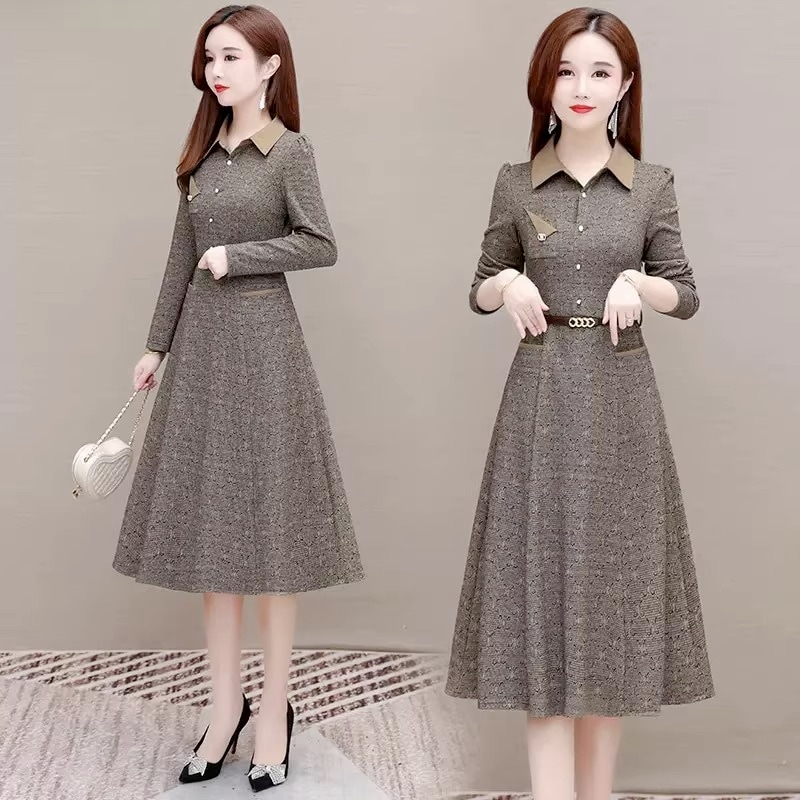 ワンピース フレアワンピース 膝丈 ひざ丈 袖あり 長袖 Vネック 襟付き フレア Aライン ベルト ウエストマーク かわいい 大人可愛い きれいめ おしゃれ お洒落 かっこいい レトロ アジアン 柄