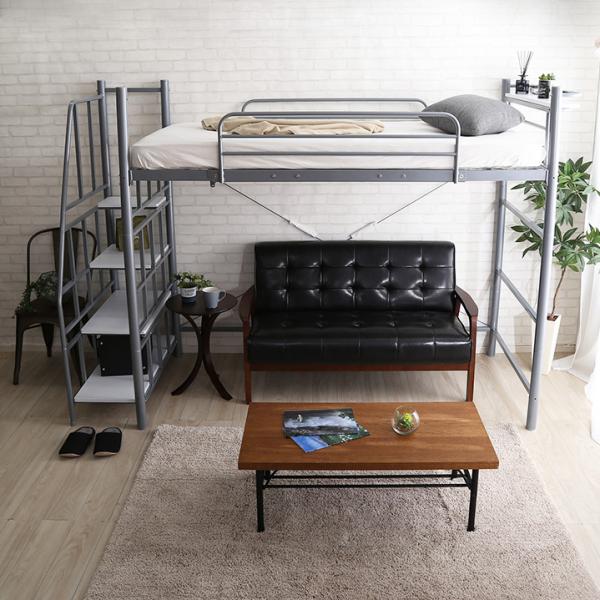 ロフトベッド 階段 パイプベッド 大人 二段ベッド 宮棚 コンセント 一人暮らし かっこいい スタイリッシュ スチール シルバー ブラック ホワイト ブラウン