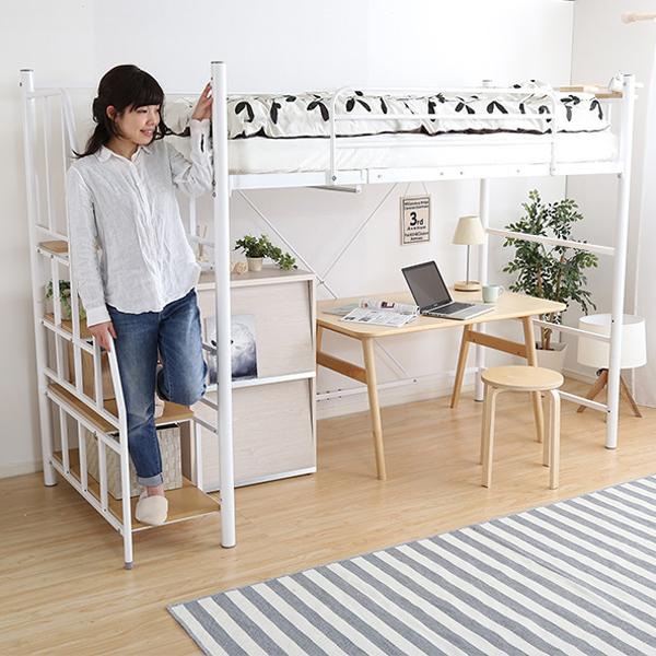 ロフトベッド 階段 パイプベッド 大人 二段ベッド 宮棚 コンセント 一人暮らし かっこいい スタイリッシュ スチール シルバー ブラック ホワイト ブラウン