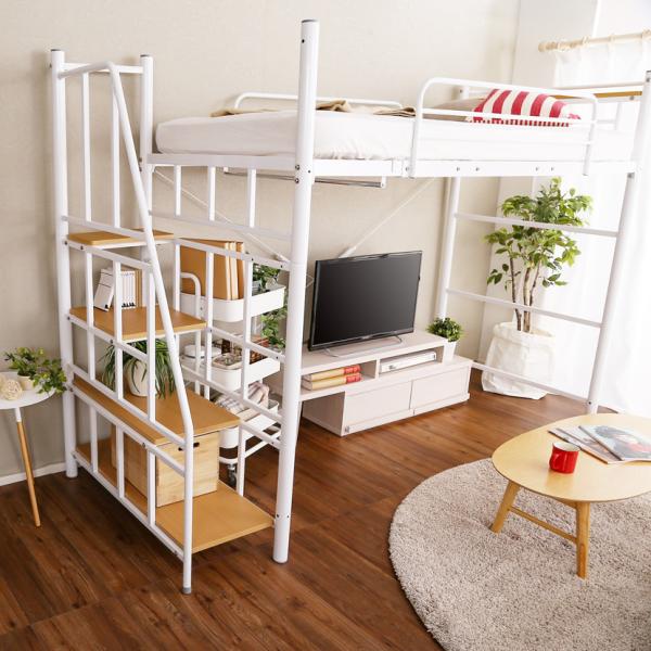 ロフトベッド 階段 パイプベッド 大人 二段ベッド 宮棚 コンセント 一人暮らし かっこいい スタイリッシュ スチール シルバー ブラック ホワイト ブラウン