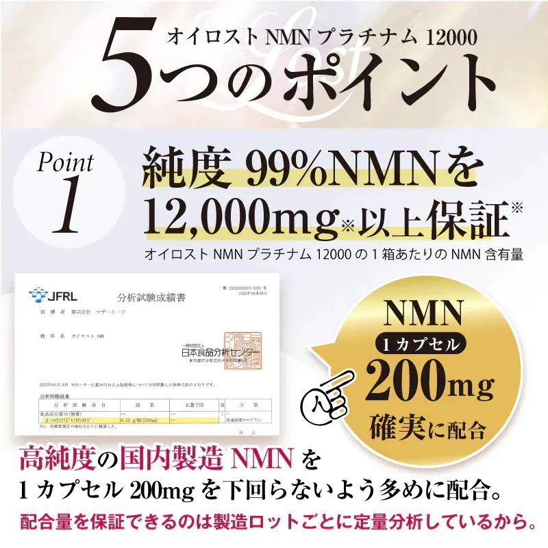 NMN含有量1粒に200mg以上保証 オイロストNMN プラチナム12000（1箱60粒入り）Ｘ12箱セット（約360日分）日本製　高純度