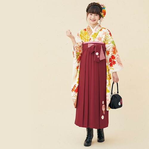 レンタル７泊８日ちはやふるJAPAN STYLE 卒業式 袴 レンタル 小学生 女の子 小学校ジュニア卒業式袴レンタルセット 生成り地に赤系の乱菊と桜 ひな祭り 十三参り 着物 衣装 レ