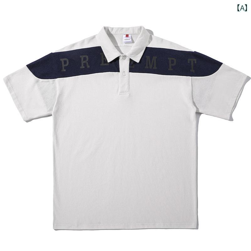 ポロシャツ アメリカン レトロ 半袖 メンズ 夏 コットン コントラスト Tシャツ 綿 黒 ブラック 若々しい 男性 トップス