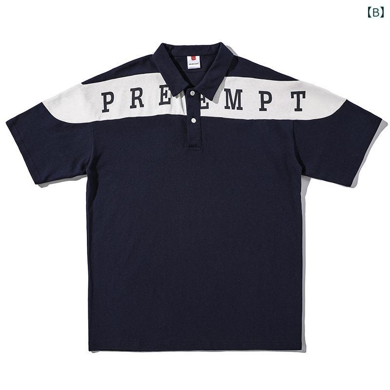 ポロシャツ アメリカン レトロ 半袖 メンズ 夏 コットン コントラスト Tシャツ 綿 黒 ブラック 若々しい 男性 トップス