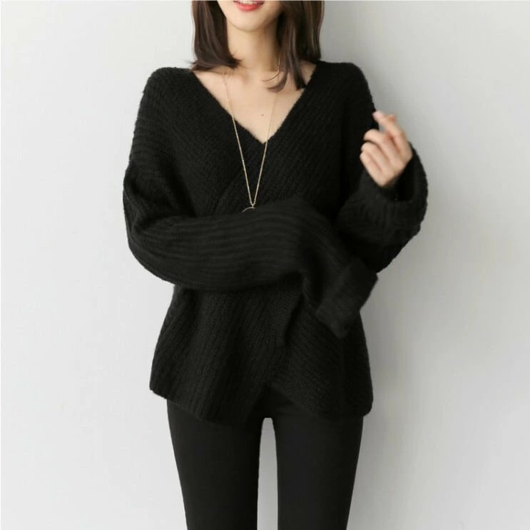 トップス デート セーター 袖あり 長袖 Vネック 襟付き フレア