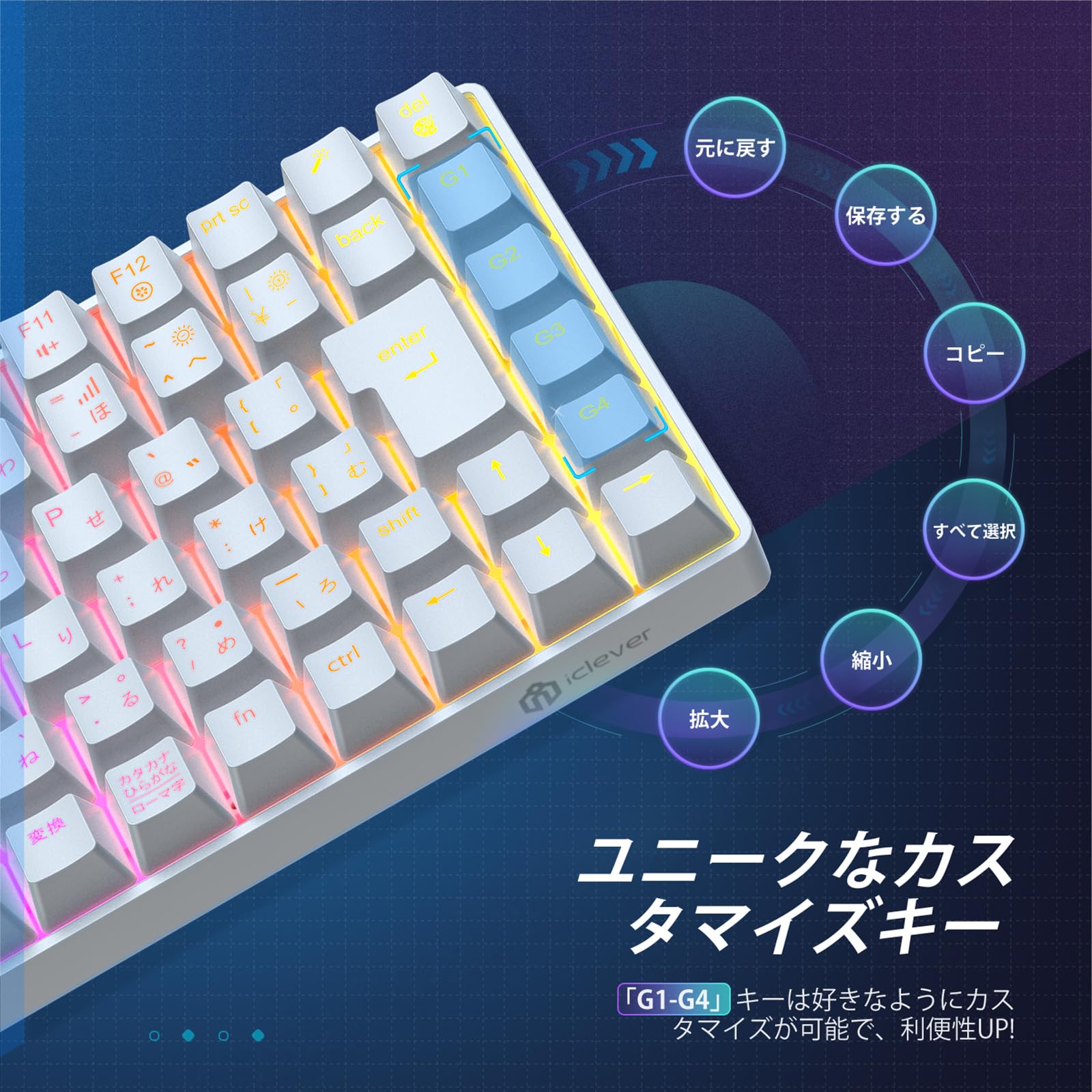 iClever ゲーミングキーボード テンキーレス 赤軸 メカニカル キーボード 日本語配列 88キー 75%サイズ RGB 23種類 バックライト カスタマイズ 静音 有線 着脱式ケーブル ゲーム/