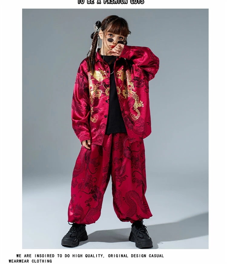 龍柄 中華風 キッズダンス ヒップホップ 女の子 男の子 レッド ブラック ホワイト シルク風 チャイナ風 長袖 ジャケット パンツ ズボン ダンス衣装 ストリート系 ガールズ 団体服 ダンスウェア 龍柄 中華風 キッズダンス ヒップホップ 女の子 男の子 レッド ブラック ホワイト シルク風 チャイナ風 長袖 ジャケット パンツ ズボン ダンス衣装 ストリート系 ガールズ 団体服 ダンスウェア